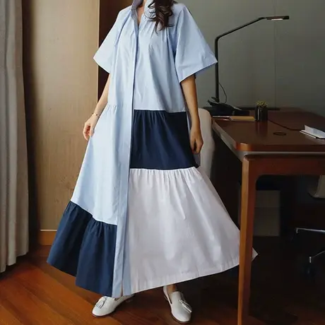 夏装新款三色撞色衬衫连衣裙女中长款韩版短袖立领衬衣A字大摆裙图片