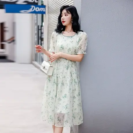 时尚气质甜美短袖连衣裙2022年夏季新款淑女温柔显瘦中长款裙子图片