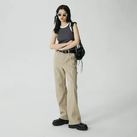 omont蛋挞家 高腰工装直筒裤女2023秋冬新款复古卡其休闲裤长裤子商品大图