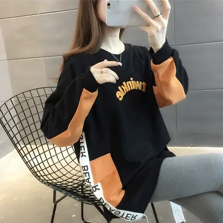 中长款时尚拼色卫衣女2023年秋冬新款韩版字母上衣潮百搭外套ins商品大图