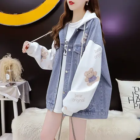 宽松假两件连帽牛仔外套女2023新款秋冬季洋气网红设计感拼接上衣商品大图