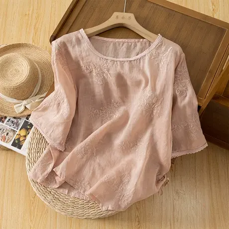 享永子五分袖苎麻上衣女文艺复古刺绣宽松气质棉麻小衫2023新款夏商品大图