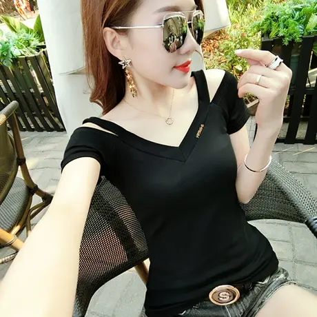 性感漏肩女装2023新款潮V领吊带T恤女短袖夏修身纯棉上衣半袖小衫商品大图