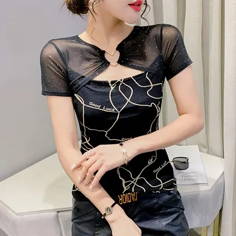 网纱拼接短袖T恤女夏装性感镂空烫钻小衫设计感洋气修身显瘦上衣图片
