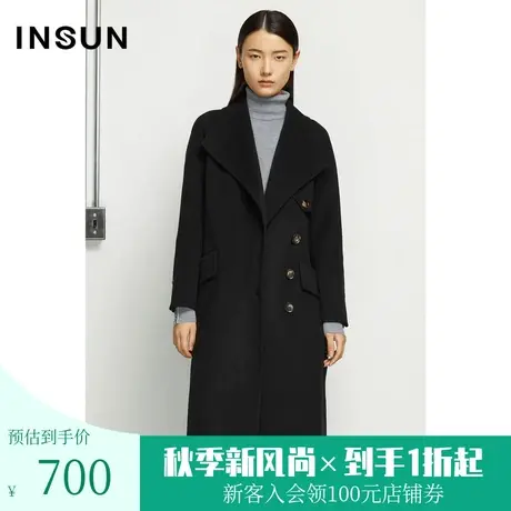 恩裳冬季绵羊毛都市翻领腰带中长款毛呢外套大衣商品大图