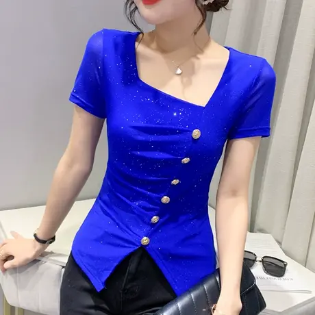 时尚开叉网纱短袖T恤女2023夏季新款性感斜领上衣百搭收腰小衫潮商品大图