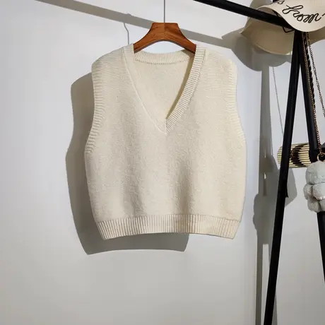 针织马甲女春秋新款韩版宽松v领叠穿学院风纯色无袖毛衣背心外套商品大图