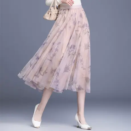 印花网纱半身裙女2023秋冬新款高腰a字百褶裙中长款显瘦大摆纱裙图片
