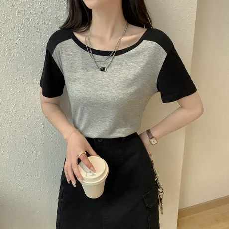 othermix 美式复古短袖T恤女夏季撞色休闲百搭上衣打底衫图片