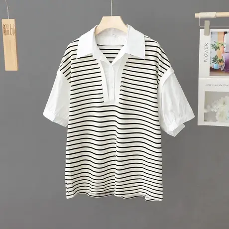 2023新款夏季拼接条纹衬衫女短袖韩版宽松白衬衣套头半袖上衣小衫图片