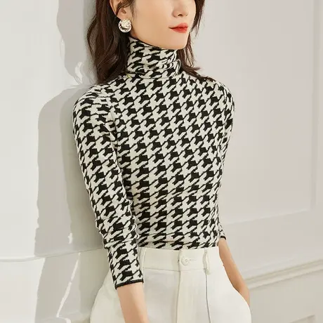 千鸟格高领毛衣女秋冬加厚针织衫2023保暖内搭上衣洋气修身打底衫商品大图