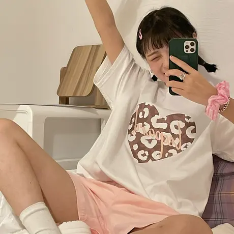 红续新款小个子正肩纯棉印花T恤女2023ins百搭宽松纯棉短袖恤上衣商品大图