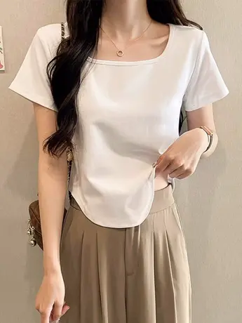 白色纯欲短款短袖t恤女夏季小众设计感辣妹韩系chic别致正肩上衣商品大图