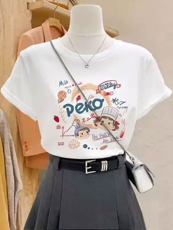 高街美式复古白色仿棉短袖t恤女夏季2023新款欧货洋气减龄上衣服商品大图