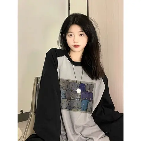 拼色纯棉插肩袖T恤女秋季百搭宽松显瘦复古chic港味长袖上衣潮ins商品大图