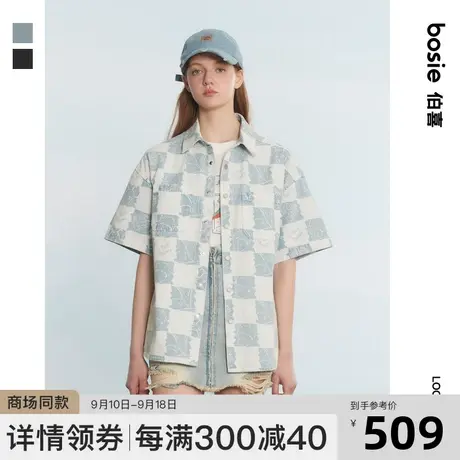 【小王子】bosie2023夏季新款短袖衬衫男情侣牛仔水洗棋盘格衬衣商品大图
