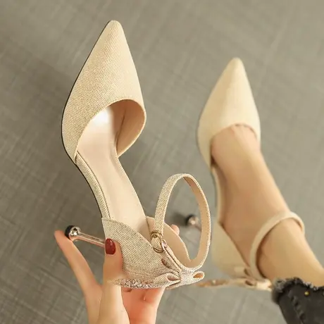 高跟鞋女2023春季新款气质百搭蝴蝶结中空法式尖头一字带细跟单鞋图片