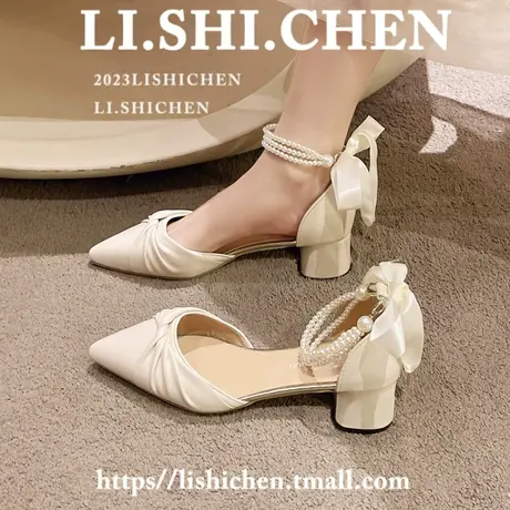 气质粗跟高跟鞋女夏小众设计感仙女风配裙子珍珠白色凉鞋温柔法式图片