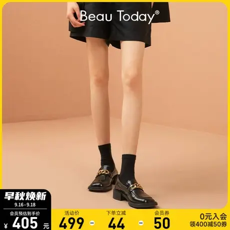 BeauToday方头乐福鞋女复古英伦风小皮鞋女春秋真皮黑色单鞋软皮商品大图