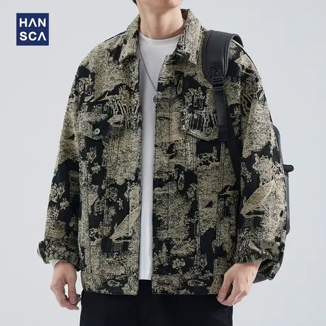 hansca满印工装牛仔外套男2023秋季新款潮牌小众痞帅宽松休闲夹克商品大图