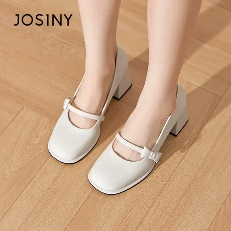 Josiny/卓诗尼方头单鞋2023秋季新款法式粗跟蝴蝶结一字带高跟鞋商品大图