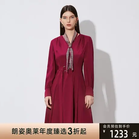 朗姿俪雅长袖连衣裙V领纯色气质时尚通勤线下商场同款商品大图
