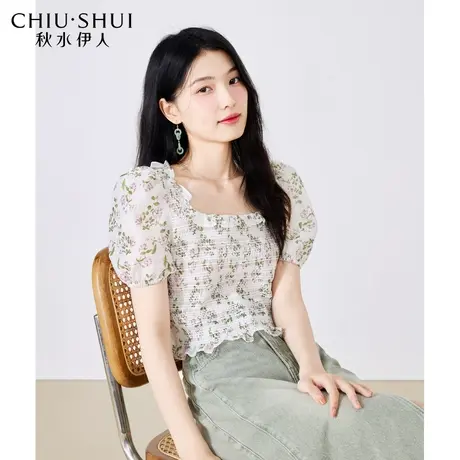秋水伊人清新甜美碎花方领雪纺衫2023年夏季新款女装百搭短款上衣图片