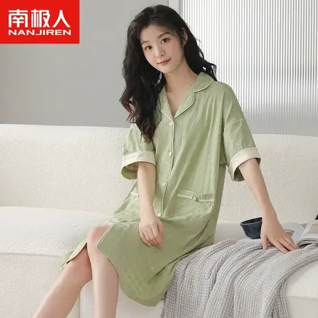 睡裙夏季女款2023年新款纯棉短袖中长款睡衣女士夏天草绿色家居服商品大图