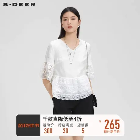 sdeer圣迪奥女装文艺V领花边肌理喇叭袖衬衫S232Z0404商品大图