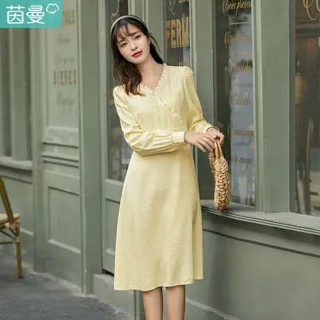 茵曼2022秋装新款交叉V领蕾丝花边A版型垂感过膝显身材长袖连衣裙商品大图