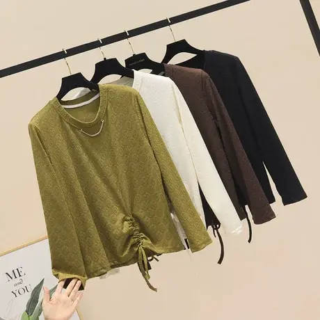 2023秋装新款欧货提花字母圆领长袖项链T恤女设计感抽绳洋气上衣商品大图