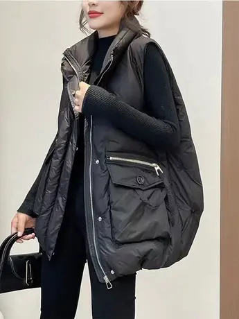 欧货2023秋冬新款慵懒风羽绒棉马甲女宽松外穿大口袋坎肩背心马夹商品大图