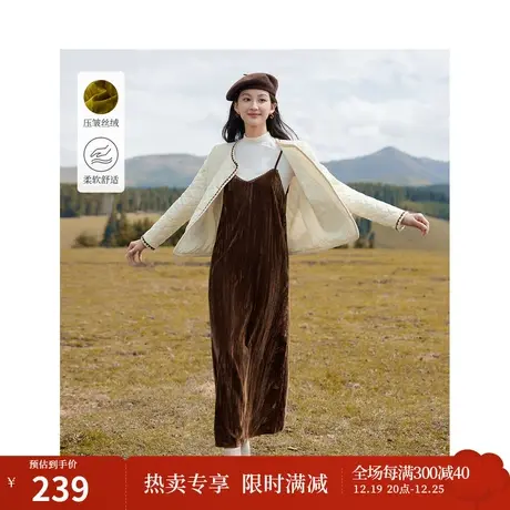 【商场同款】茵曼文艺烧花拼接连衣裙2023冬季女装新款小圆领长裙图片