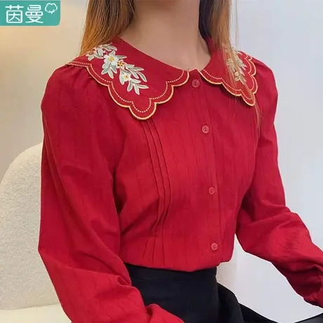 茵曼官方旗舰店衬衣女2023新款春秋冬娃娃领百搭纯棉衬衫清仓特价图片
