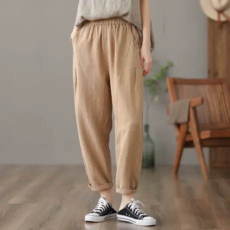 dza 高腰显瘦亚麻九分裤子女士春夏新品休闲复古棉麻裤宽松阔腿裤图片