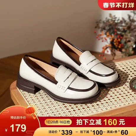骆驼女鞋2023春季新款真皮英伦风休闲通勤粗跟厚底单鞋女乐福鞋商品大图