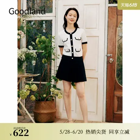 Goodland美地夏季撞色圆领毛针织衫微阔短上衣商品大图