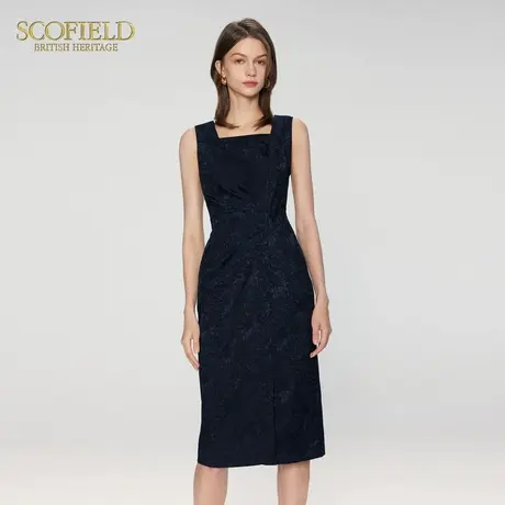 Scofield女装优雅提花连衣裙无袖收腰黑色长裙夏季裙子图片