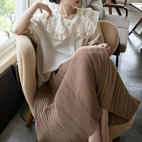 大码女装2025年新款高密细斜法式缎面松紧腰压褶半身裙夏百褶裙图片