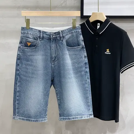 男士牛仔短裤夏季薄款宽松潮牌五分中裤韩版潮流浅蓝色弹力马裤蓝图片
