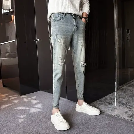 2023秋季新款个性破洞小脚牛仔裤潮牌水洗做旧刮烂铅笔裤男显瘦商品大图