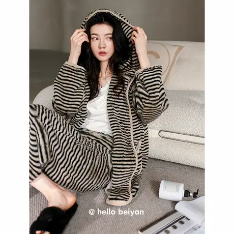 贝妍新款睡衣女冬季加厚珊瑚绒时尚连帽条纹家居服保暖法兰绒套装商品大图
