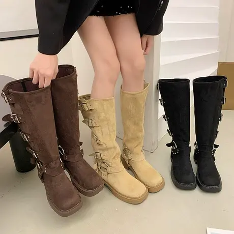 长筒靴女2023春秋季新款网红超火设计感西部牛仔靴粗跟小众骑士靴图片