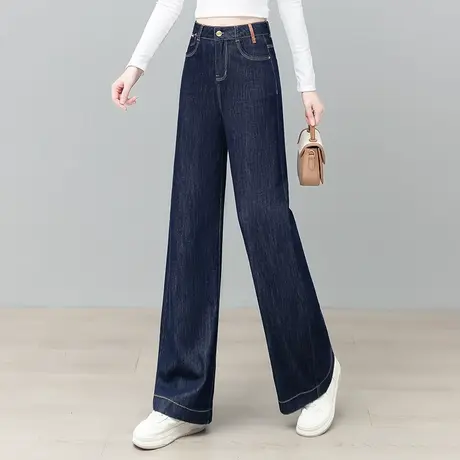 拉夏贝尔丹宁蓝阔腿牛仔裤女2025秋款今年流行宽松撞色高腰直筒裤图片