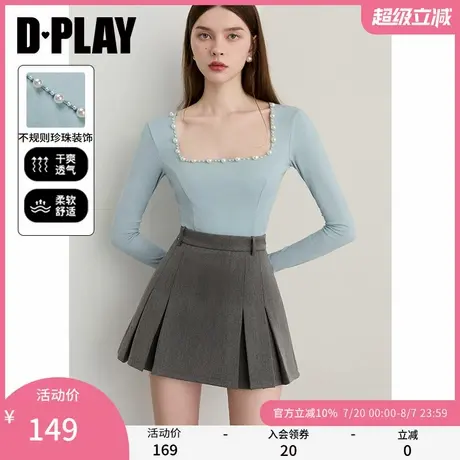 DPLAY【珠光星辰系列】2025秋季新款蓝色t恤女独特珍珠长袖上衣商品大图