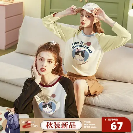 8.7/0点 上新唐狮2025年秋新款长袖T恤女圆领撞色插肩袖猫咪印花商品大图