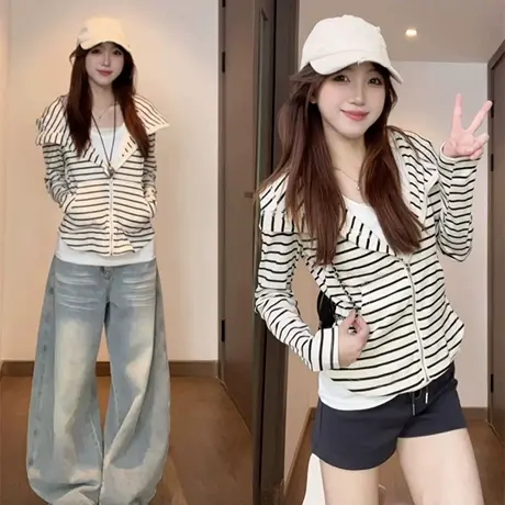 条纹开衫连帽长袖卫衣女2025春秋季新款宽松显瘦韩版薄款上衣外套图片