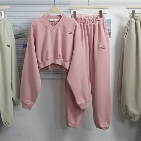 春秋季2023辣妹V领毛圈棉字母刺绣短卫衣高腰长卫裤两件套装女潮商品大图