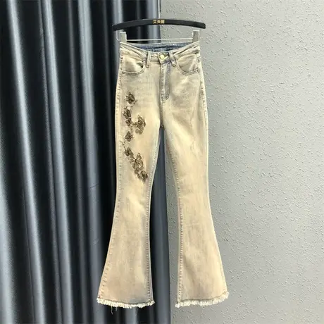 2023秋季新款港风复古刺绣牛仔微喇裤女高腰修身显瘦毛边喇叭裤潮商品大图