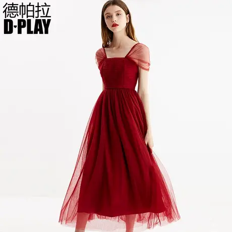 DPLAY德帕拉秋冬新款时尚年会酒红色网纱礼服优雅修身气质连衣裙商品大图